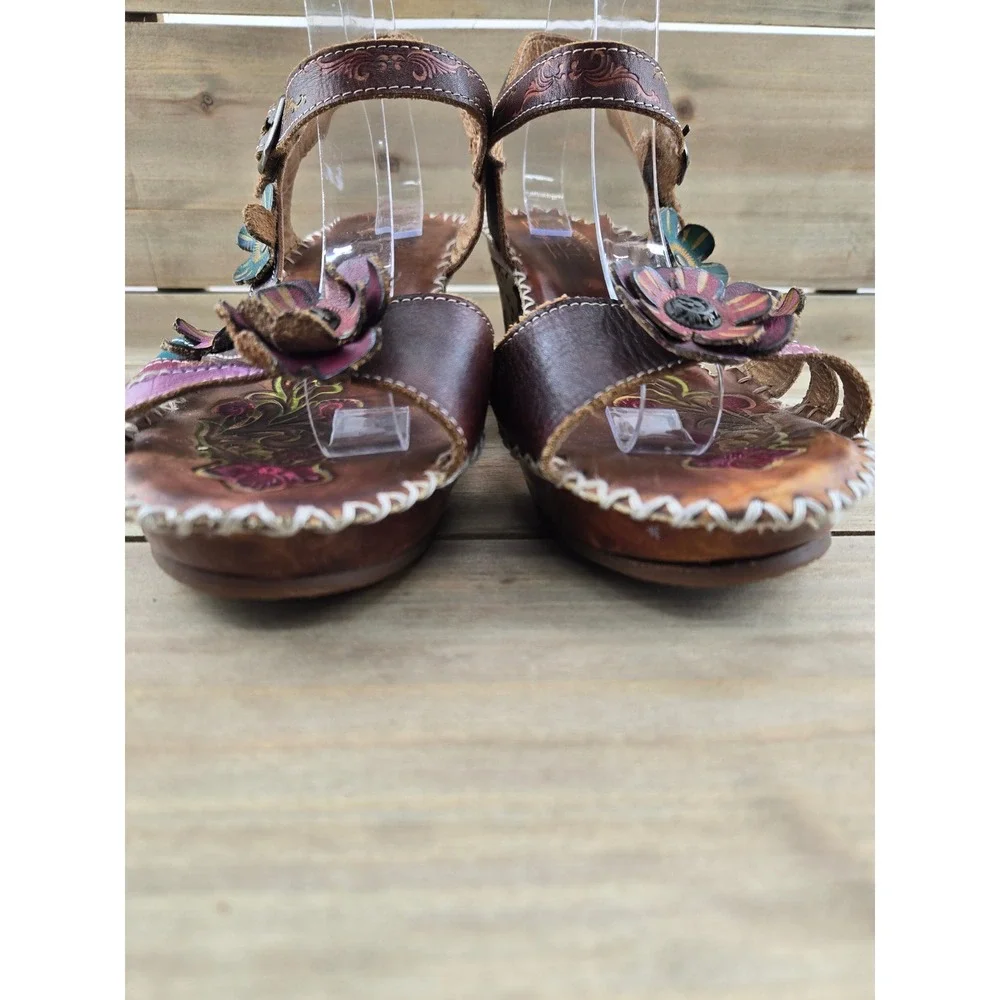 Spring Step L'Artiste Brown Leather Floral Wedge Sandals Hand Painted Women 42